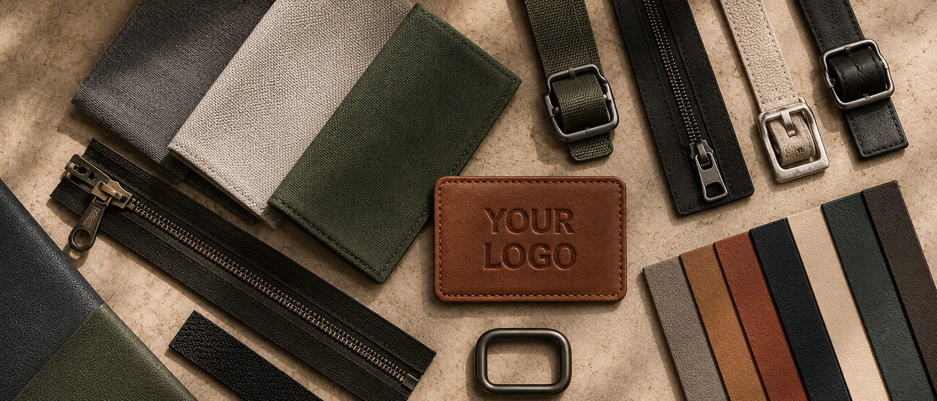 Corporate bag materials, zips, straps, buckles, colour samples and a custom logo patch