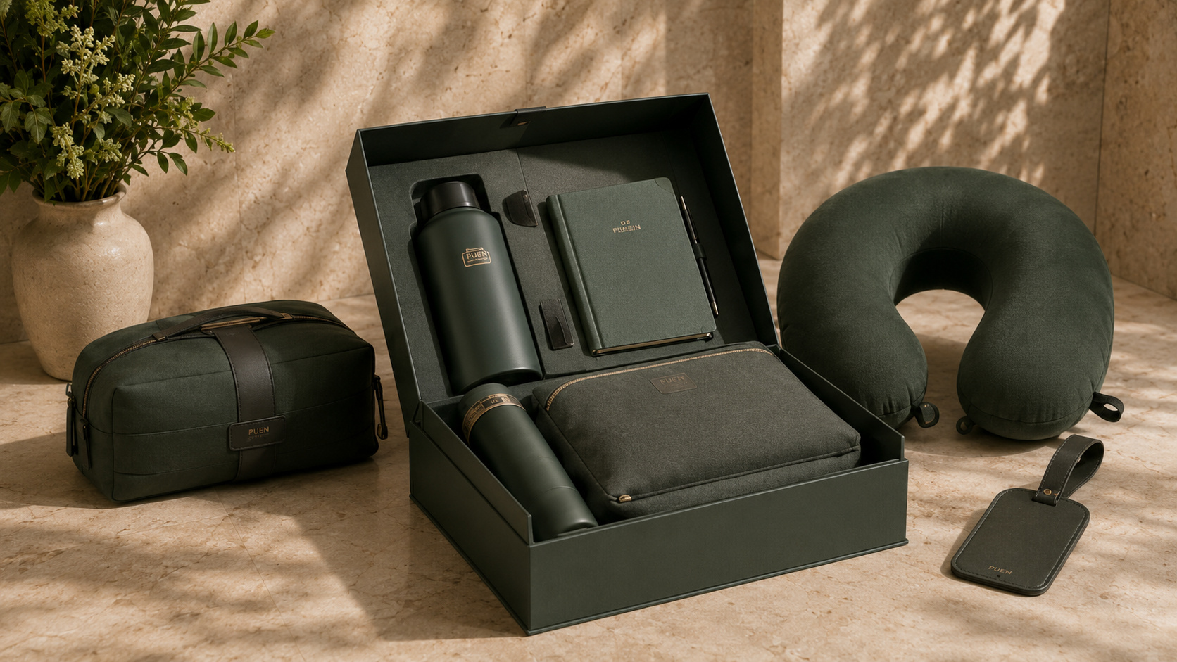Coordinated corporate travel gift set with presentation box, bottle, notebook, pouch, neck pillow and luggage tag