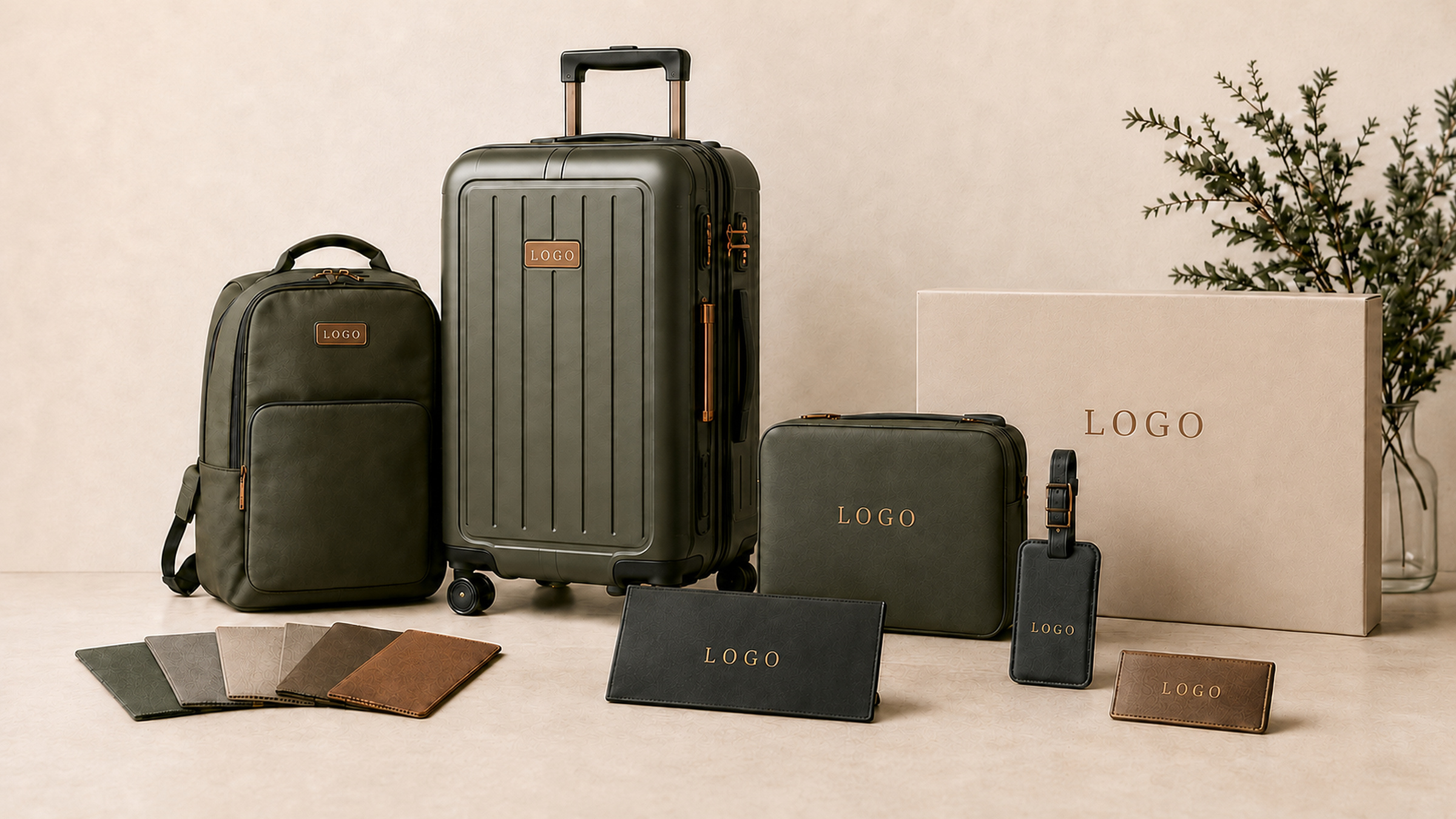 Coordinated luggage, backpack, travel accessories and presentation packaging with generic LOGO branding